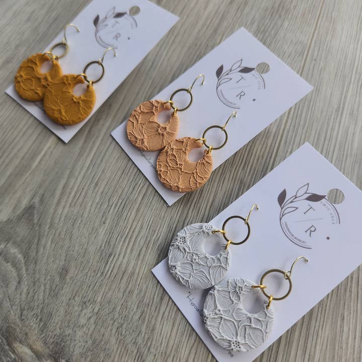 Twig & Rue boutique - Wholesale Dangle Earrings - Floral Bella| Embossed clay hoops