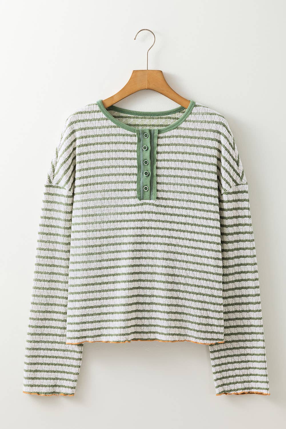 FULL TIME PURCHASE - Wholesale Knit Top - Women's - Stripe Textured Frilly Trim Buttons Henley Long Sleeve Top8