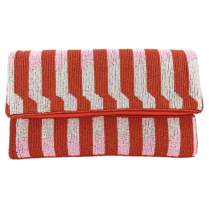 BUNGALOW TANGERINE STRIPE BEADED CLUTCH for wholesale by Pizzazz, Inc.