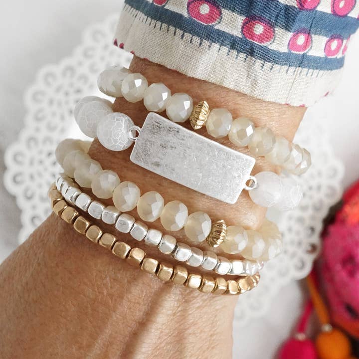 Boho Beaded Bracelet Stack Semi Precious Silver Tone Plaque for wholesale by PennyLine inc