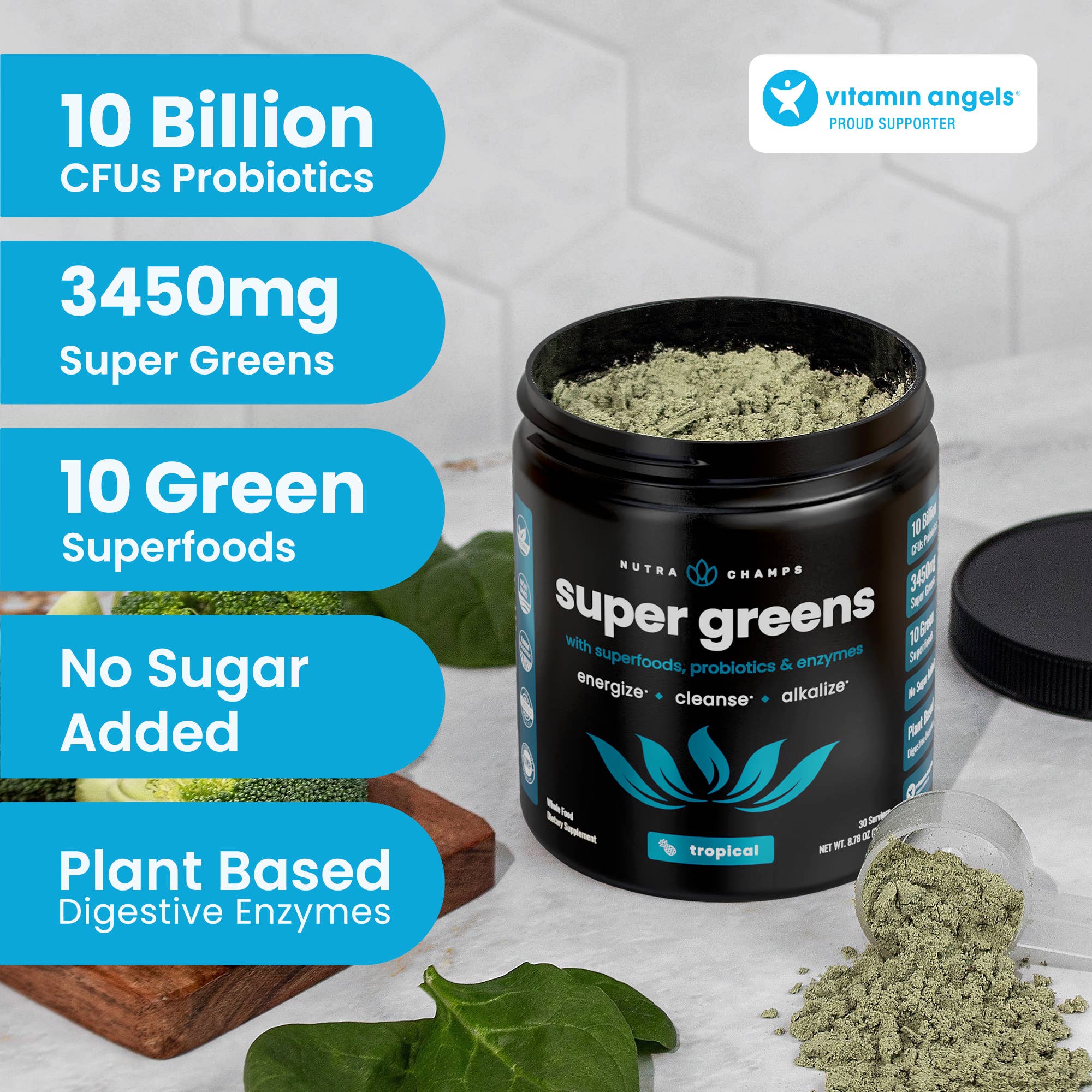 NutraChamps - Venta al por mayor Suplementos/vitaminas para beber - Super Greens Tropical Powder - Superalimento de primera calidad 1