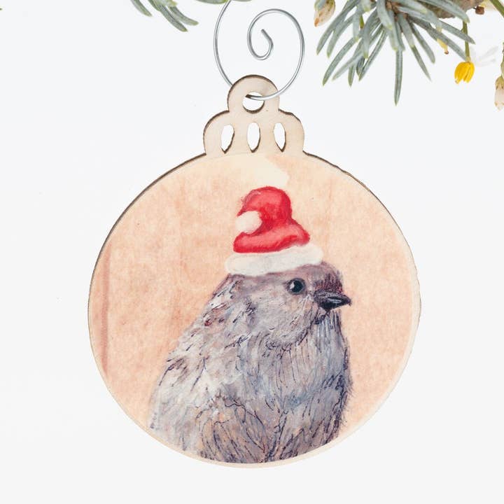 Bushtit in Santa Hat | Christmas Ornament | Bird Ornament | Wooden Ornament | Bird Art | Bird Painting | Gift for Her | Birder Gift | Tea for wholesale by Orphan Girl Fine Art