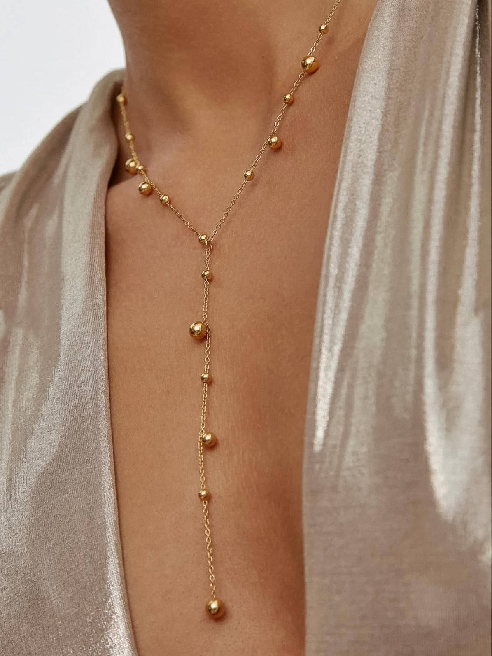 Or jaune Collier sautoir en Y perlé habillé en or 18K Brisse non ternissant en vente sur Faire