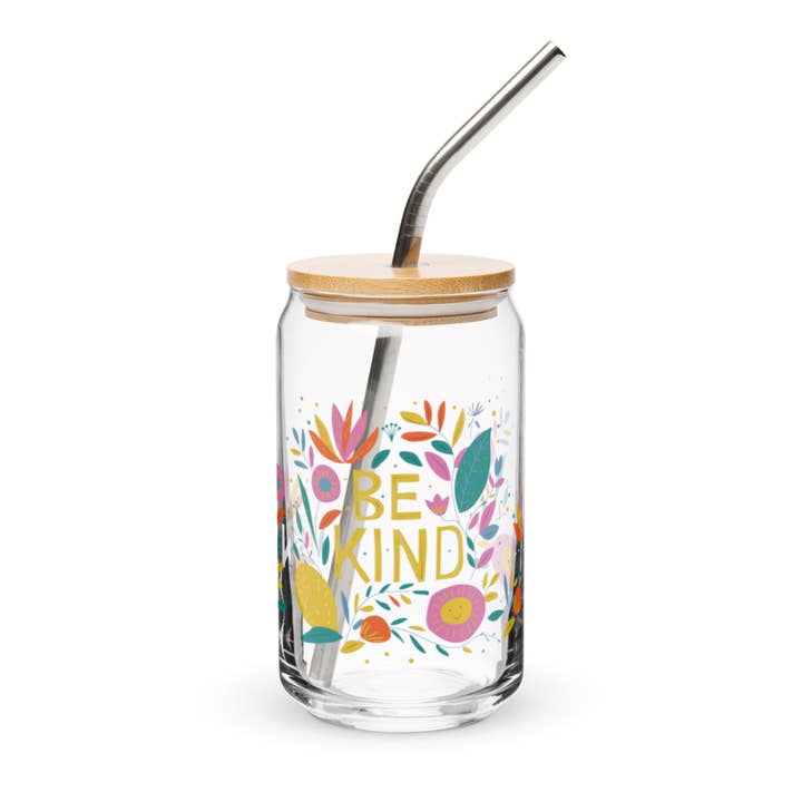 Glass Can Cup 16 oz with bamboo lid and straw for wholesale by The Paper Flower by Evie