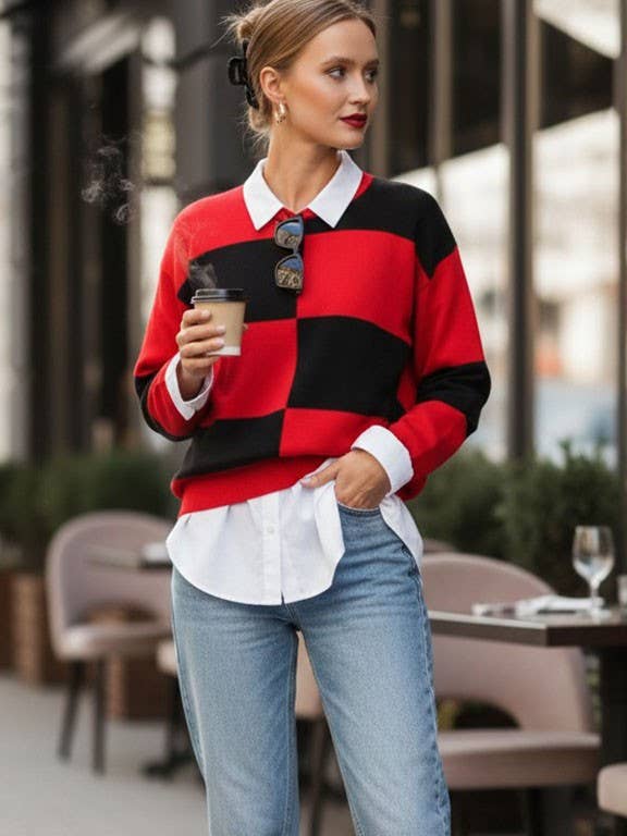 Checkered Red Pullover Sweater for wholesale by TIMING