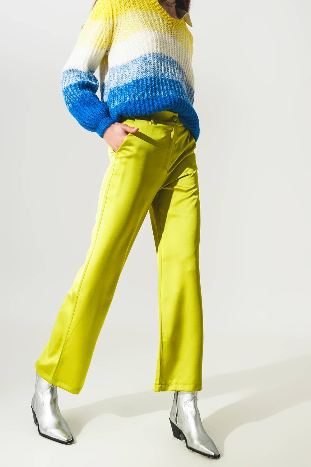Vert Pantalon large en satin vert citron en vente sur Faire1