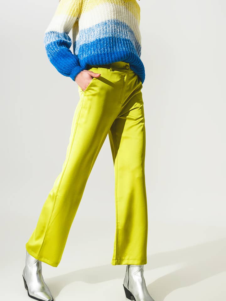 Vert Pantalon large en satin vert citron en vente sur Faire1