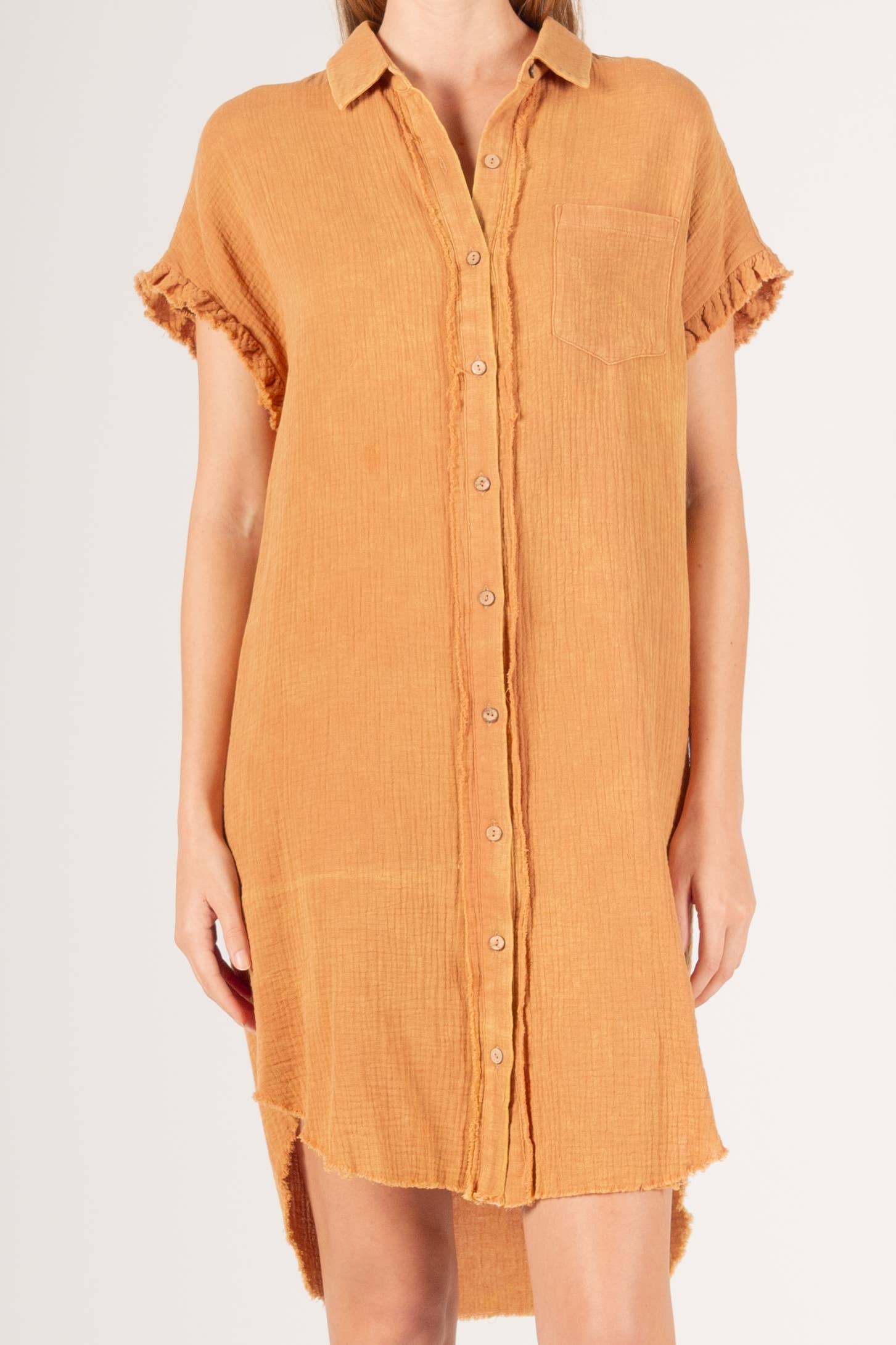 Before You Collection - Wholesale Dress - Women's - Washed Gauze Raw Edge Shirt Dress4