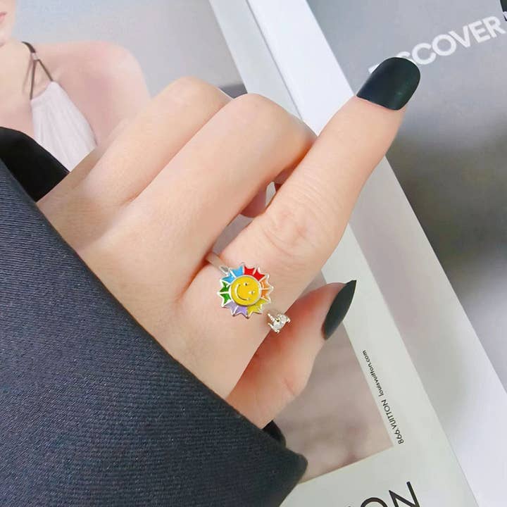 Perimade & Co. LLC – Großhandel Mehrsteinige Ringe – Smiley Sunflower Anxiety Fidget Spinner-Ring aus massivem Kupfer1