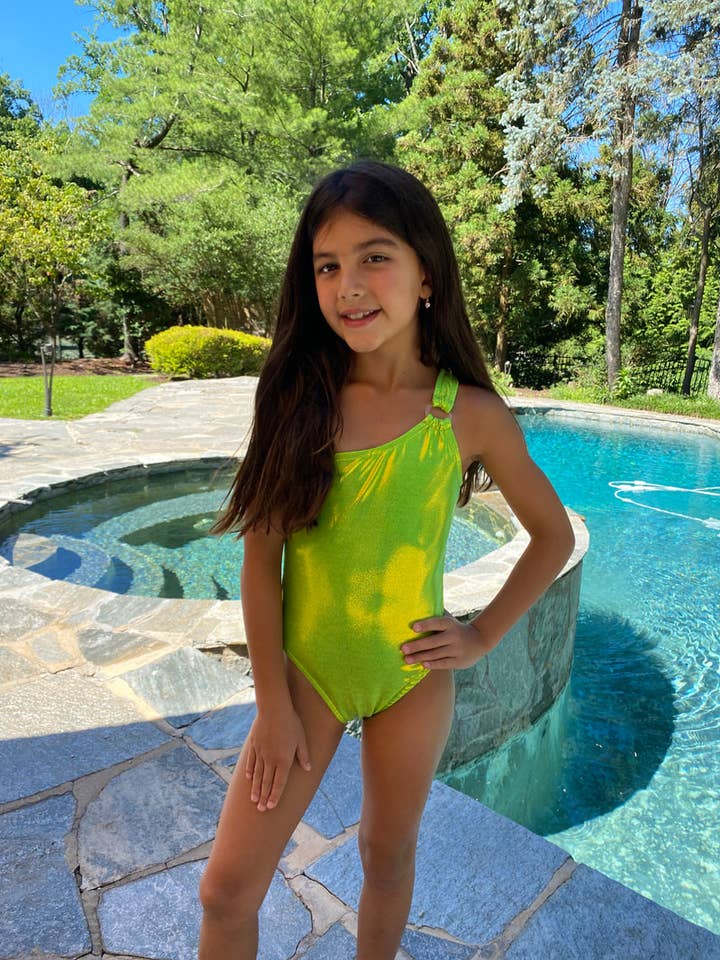 Hot Lime Ring One Shoulder Monokini for wholesale by Les Tout Petits