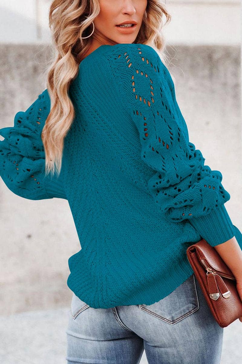 FULL TIME PURCHASE - Wholesale Knit Sweater - Women's - Hollow-out Puffy Sleeve Knit Sweater8