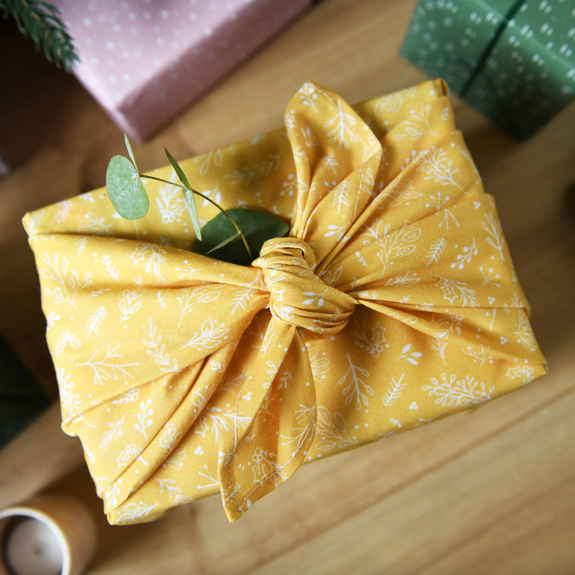 Clara and Macy - Wholesale Flat Wrap - Reusable Yellow Botanical Fabric Gift Wrap1