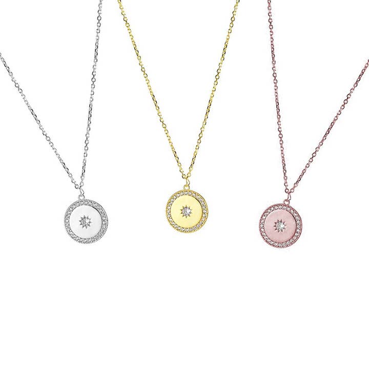 Rose Gold CZ Starburst Disc Coin Necklace for wholesale by KIKICHIC