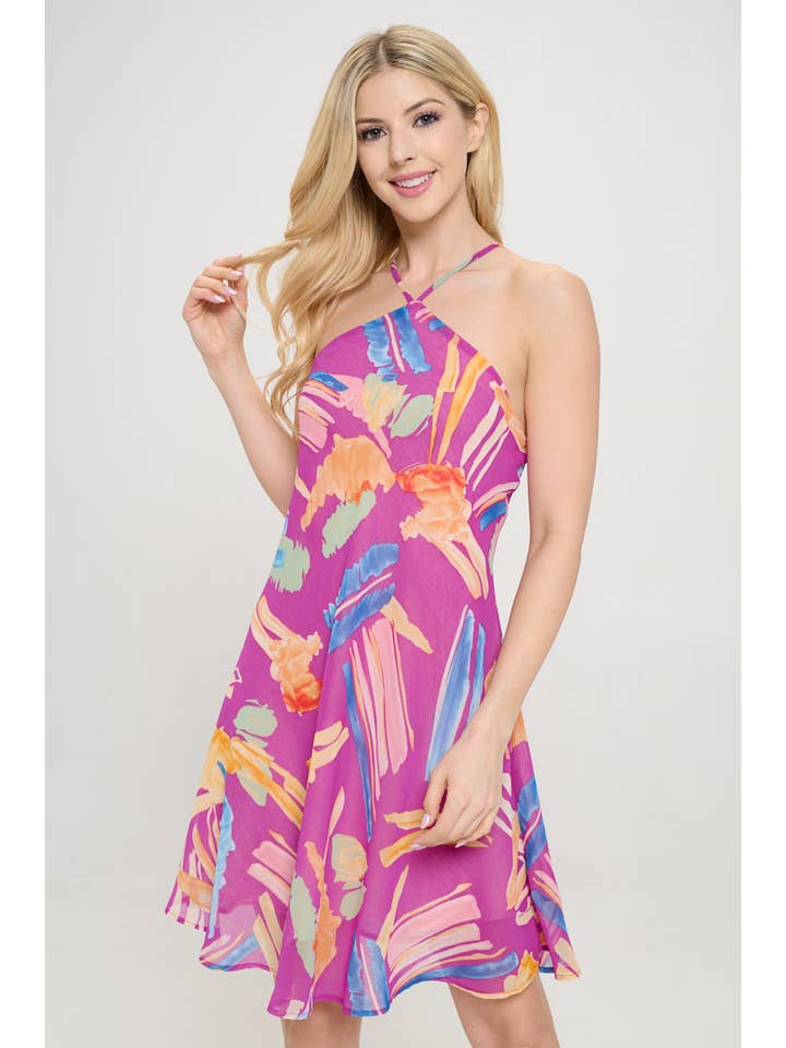 Magenta Made in USA Print Halter neck Swing Dress for wholesale on Faire