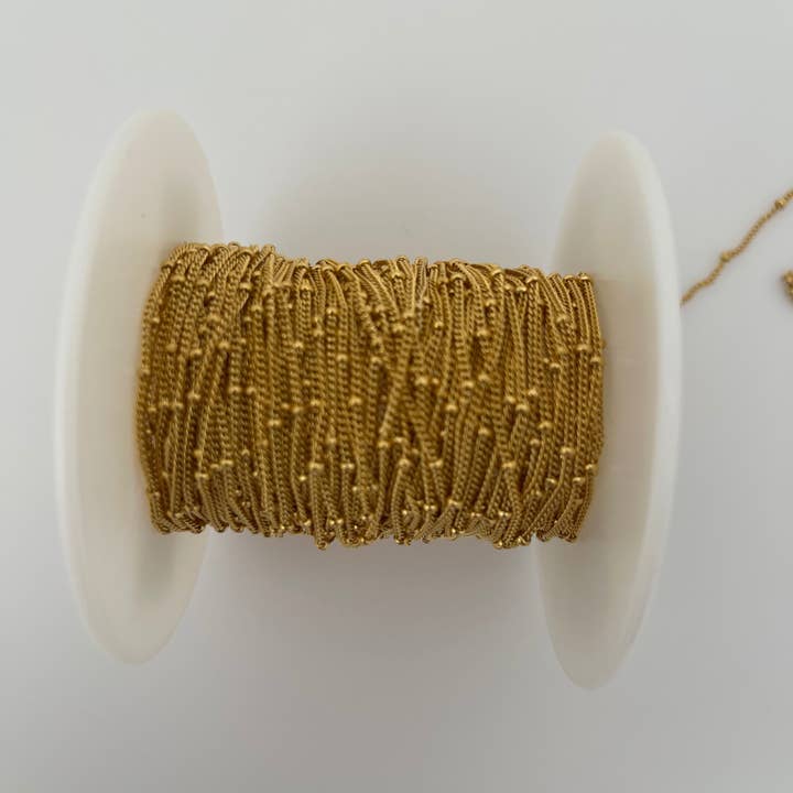 14K Gold Filled Satellite Chain – 1.2mm Curb with Beads Spaced 16mm Apart – Sold by the Foot – Real Gold Fill Chain for Jewelry Making for wholesale by Purity Beads