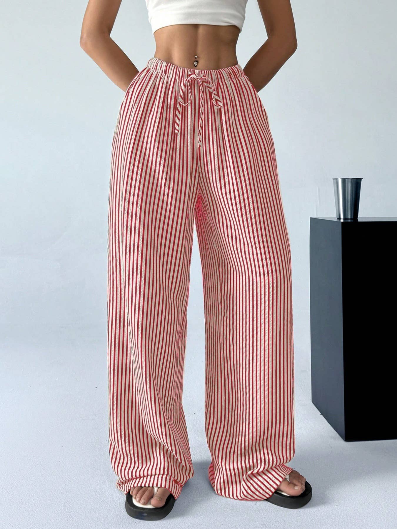Rosa Clothing - Wholesale Pants - Women's - Stretch-waisted vertical striped slacks pants1