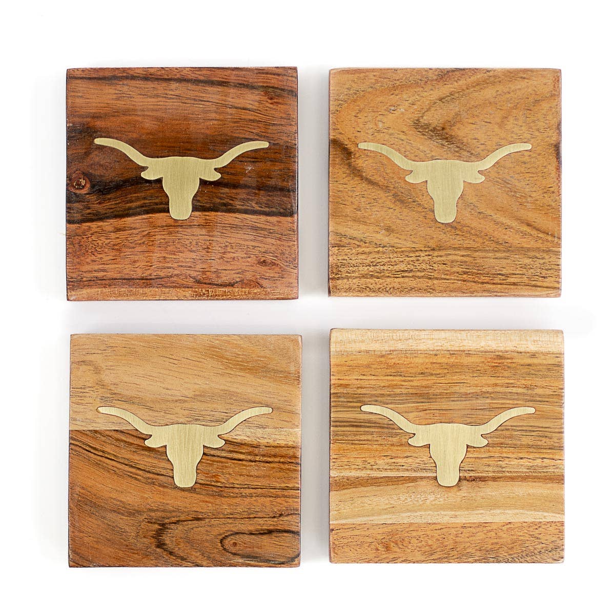 The Royal Standard - Venta al por mayor Posavasos - Juego de 4 posavasos Longhorn de madera natural/latón para 4 x 41