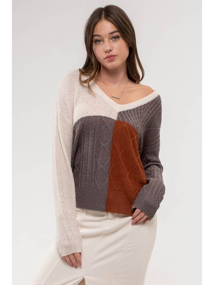 Blu Pepper - Wholesale Knit Sweater - Women's - LIGHT-WEIGHT COLORBLOCK KNIT