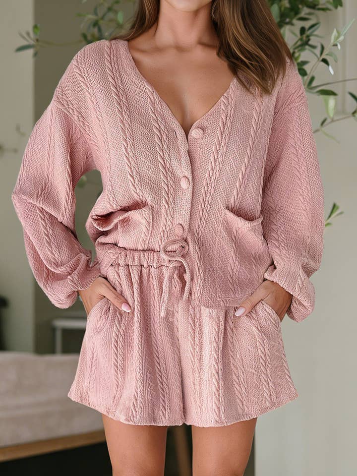 Cable Knit V Neck Cardigan Shorts Set for wholesale by 1 the Woman