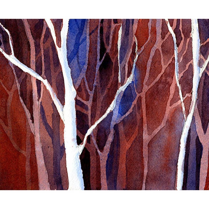 Pintura aguarela de árvores em floresta. Pintura paisagística de árvores em floresta. Pintura de arte florestal aguarela (impressão) por atacado de Ryan Fox Fine Art