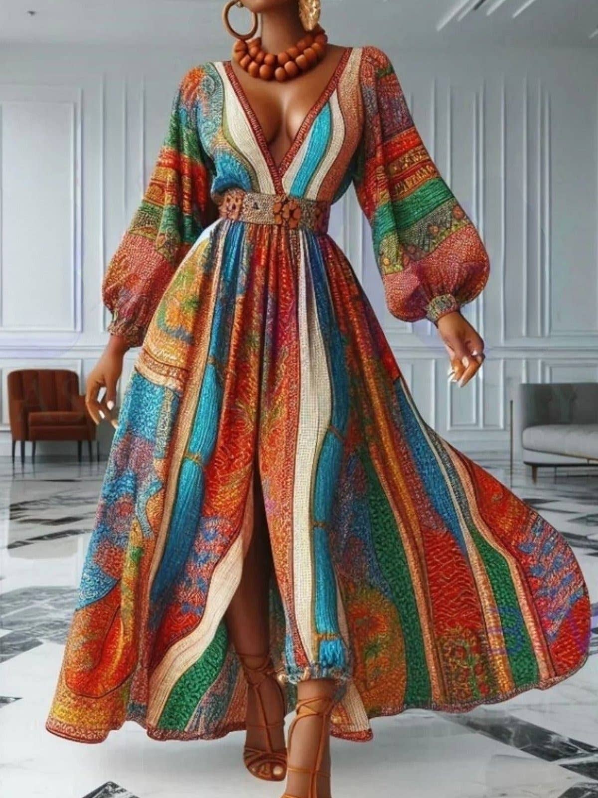 ROUGE Robe longue maxi à manches ballon et décolleté plongeant avec imprimé ethnique en vente sur Faire1