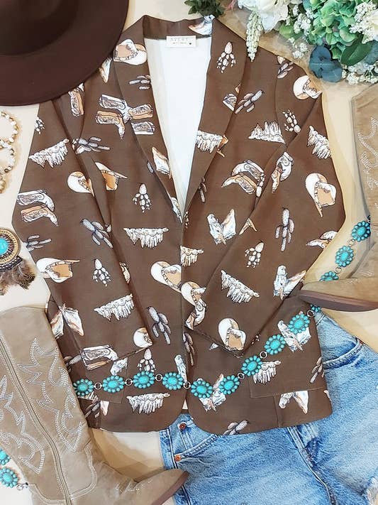 AV1227-MEG WESTERN PRINT LIGHT WEIGHT WOVEN BLAZER for wholesale by Avery