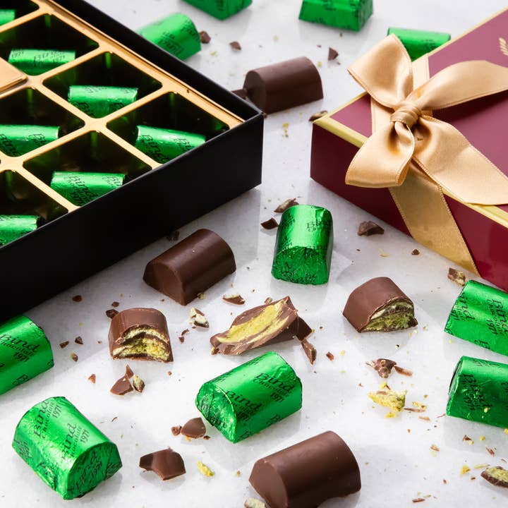 Carian's Bistro Chocolates - Wholesale Chocolate Box - Viral Dubai Chocolate Gift Box with Gold Ribbon Wrapped12