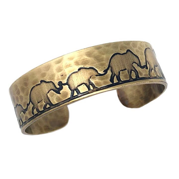 Elephant Family Brass Engraved Cuff Bracelet for wholesale by Anju Jewelry