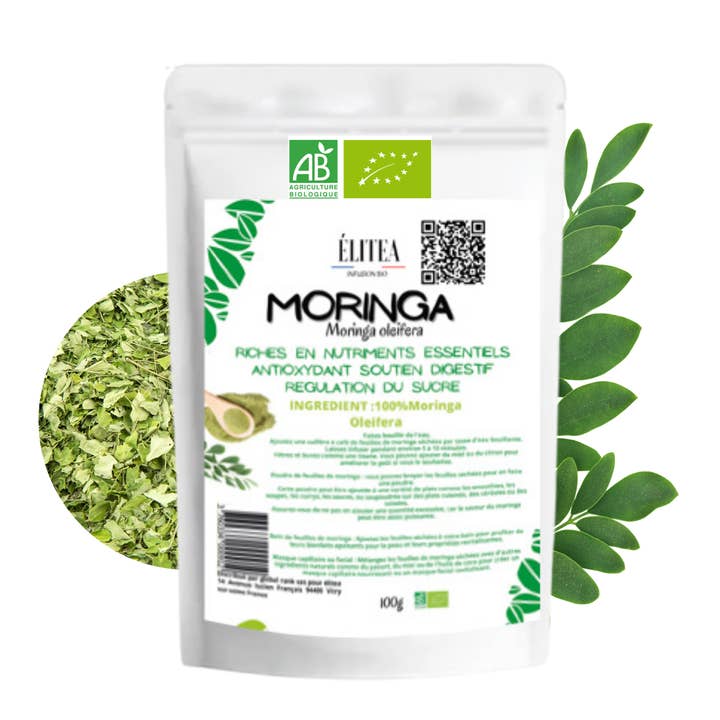 Dried Moringa leaves in 100g organic bag for wholesale by ELITEA