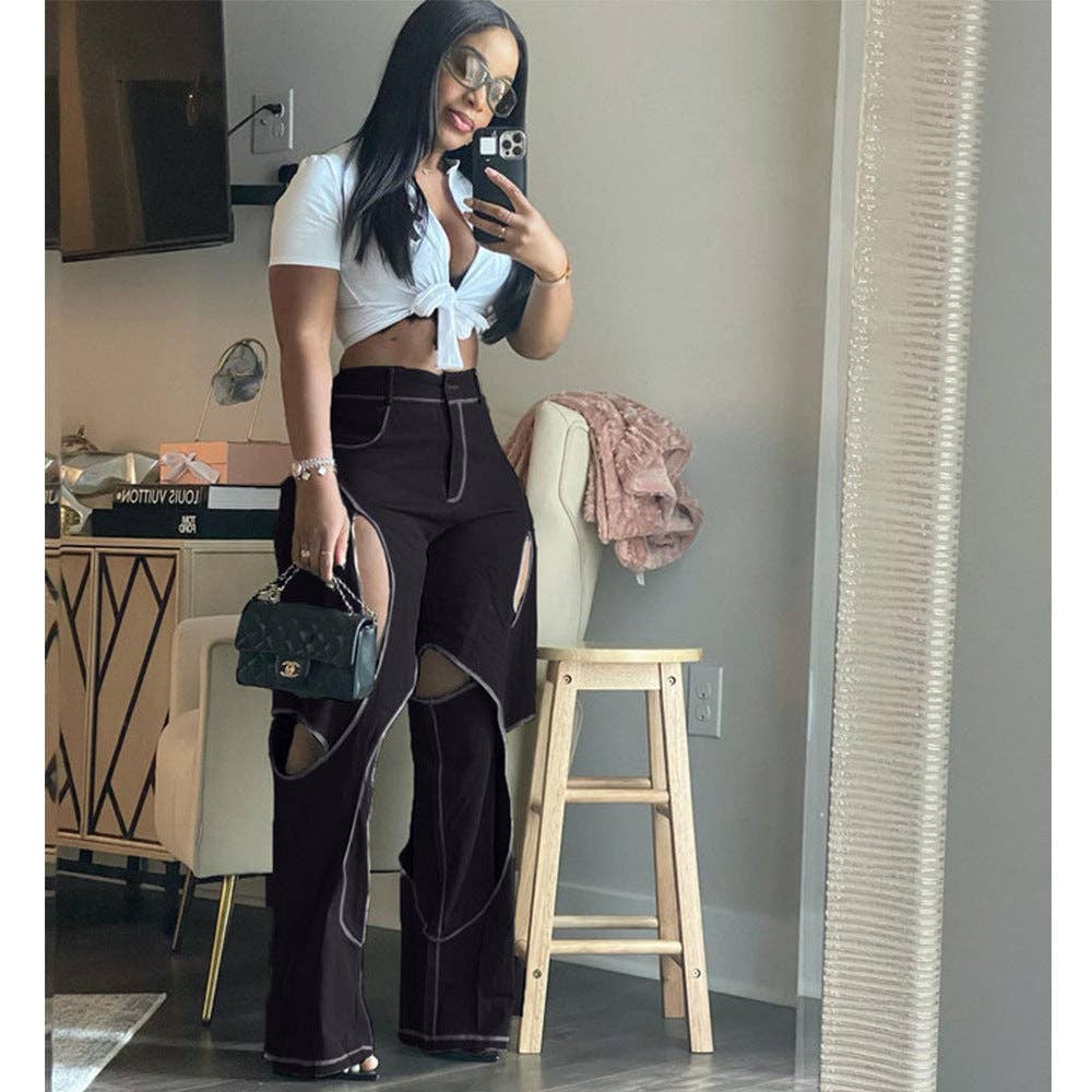 MB Fashion Wholesale - Wholesale Pants - Women's - MB FASHION STRAIGHT LEG HIGH WAIST CUTOUTS PANTS  9127LY3