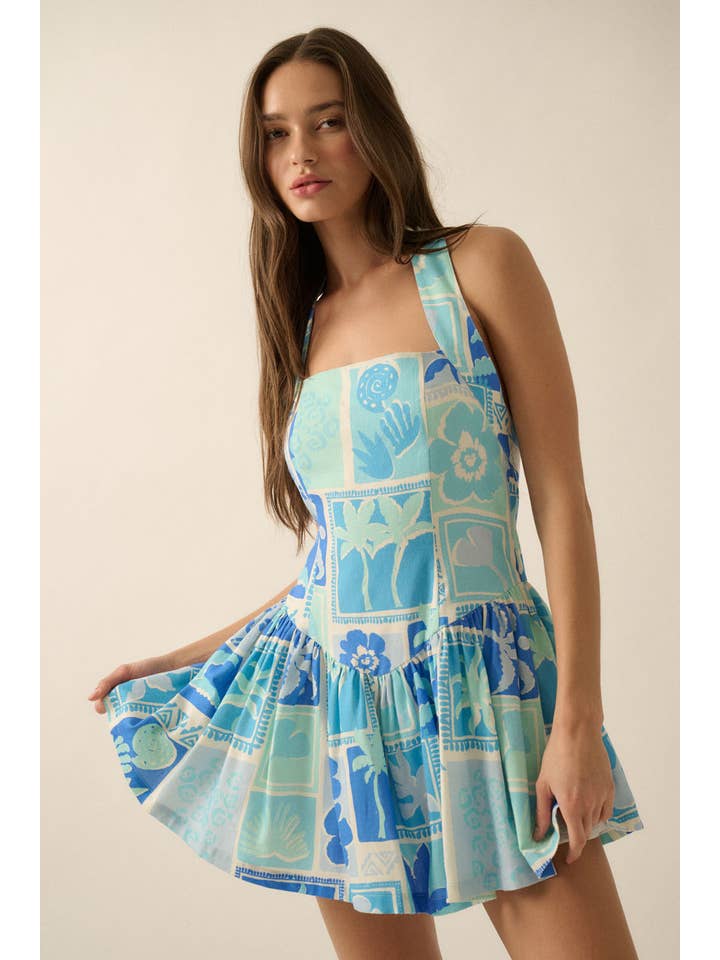 AQUA BLUE Tropical Floral-Print Halter Drop-Waist Mini Dress for wholesale on Faire
