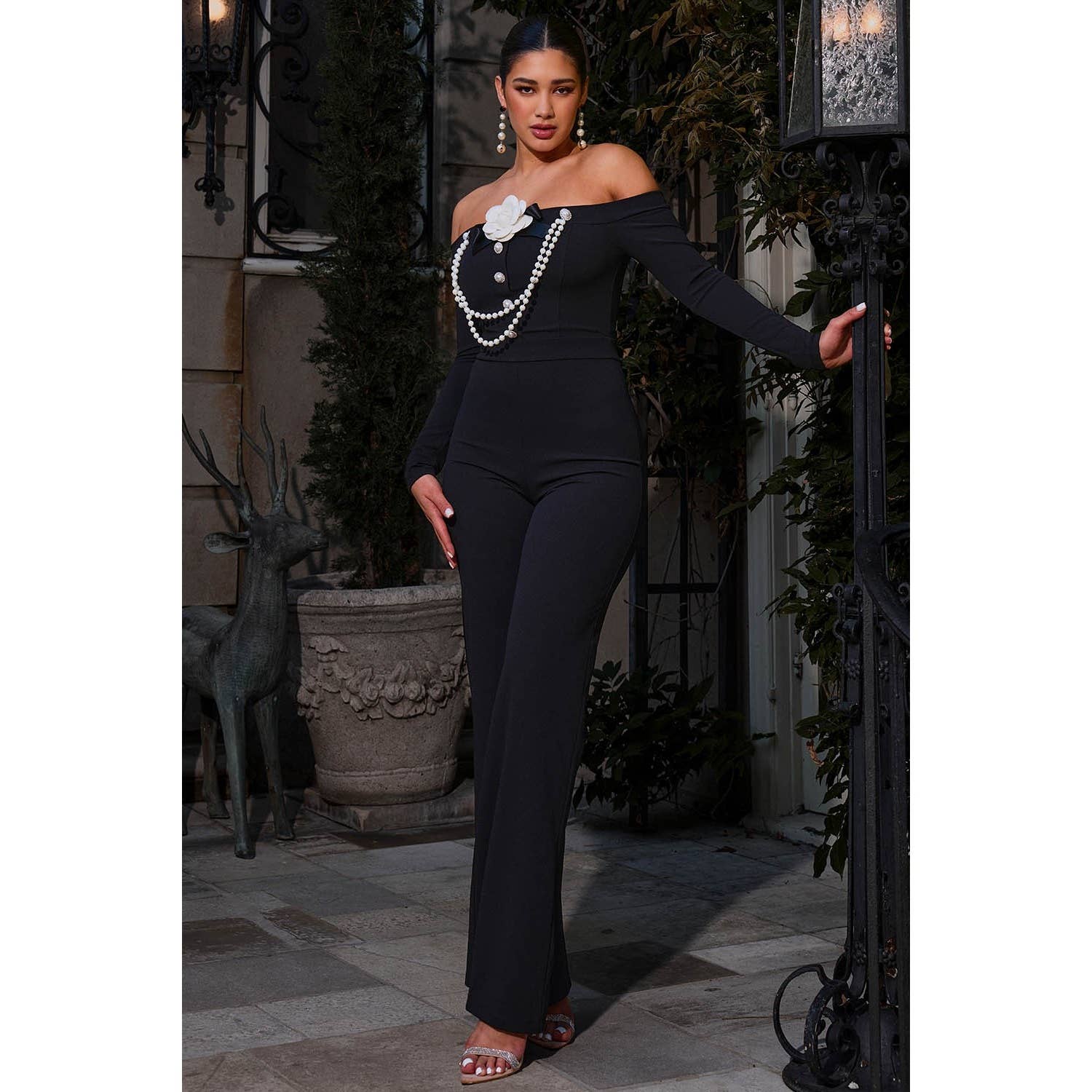 BLACK Off The Shoulder Contrast Trim Jumpsuit for wholesale on Faire1