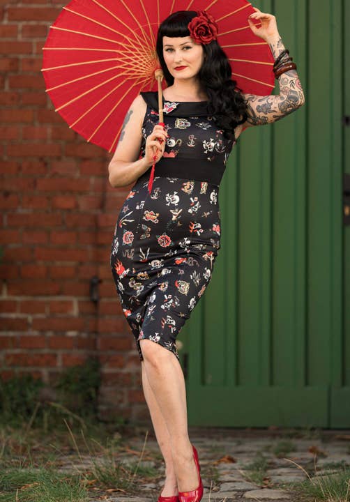Darla Fitted Off-Shoulder Old School Tattoo Print Dress for wholesale by Dolly & Dotty