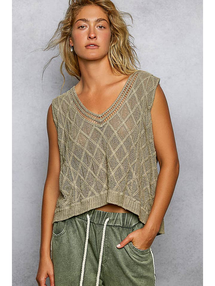 Pol Clothing - Wholesale Knit Top - Women's - V-neck Diamond Weave Crochet Sleeveless Knit Top 5