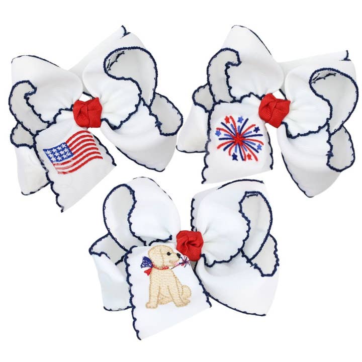 Beyond Creations, LLC - Wholesale Hair Bow - Kids - EMBROIDERED PATRIOTIC CROCHET EDGE BOW