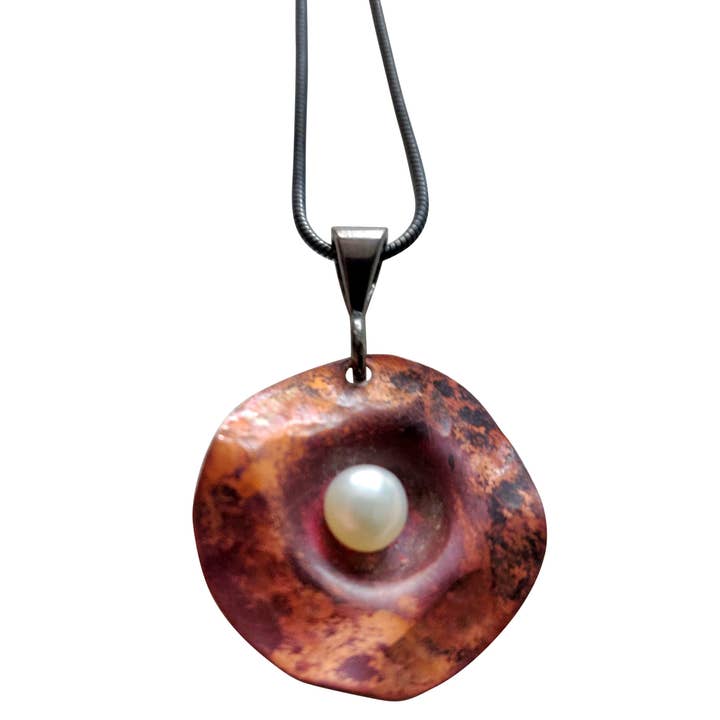 Unearthed X, various sizes torched copper and pearl necklace for wholesale by Papazian Design, LLC