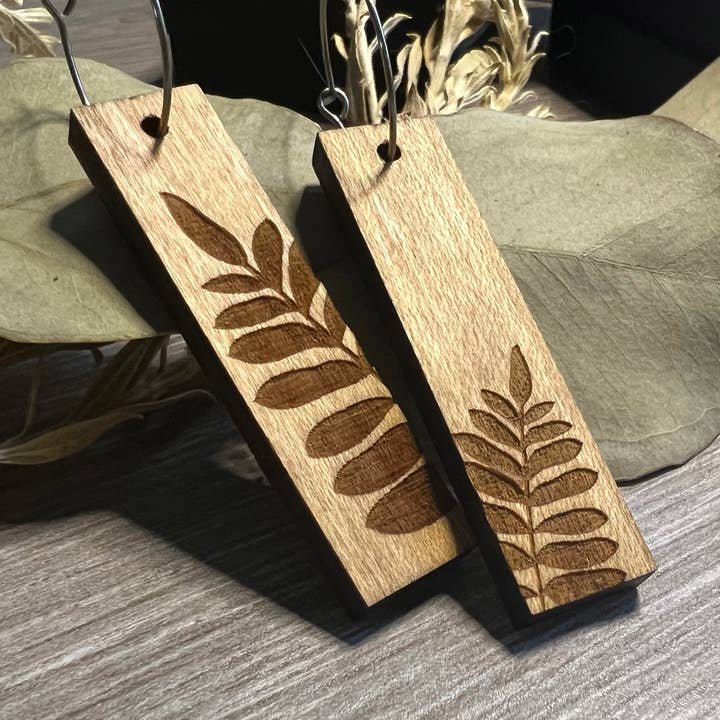 Wood Earrings - Fern Leaf Laser Engraved Rectangle for wholesale by North Country Craft