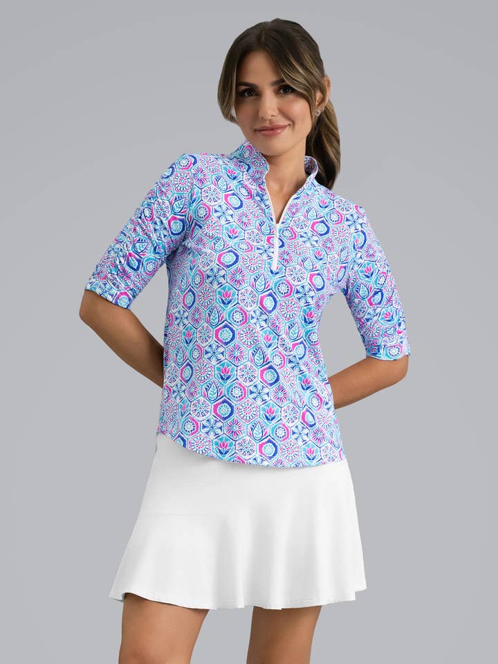 Alexis Ruched Elbow Sleeve Mandarin Collar Top for wholesale by IBKÜL