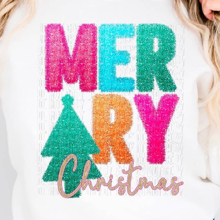 Merry Christmas Tinsel Faux DTF Transfer for wholesale by K and M Designs
