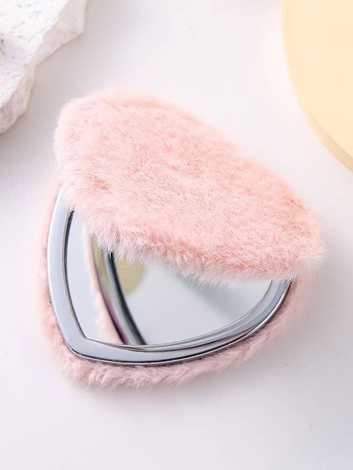 Heart Shape Double Sides Fluffy Cute Mini Cosmetic Mirror for wholesale by fashionworks