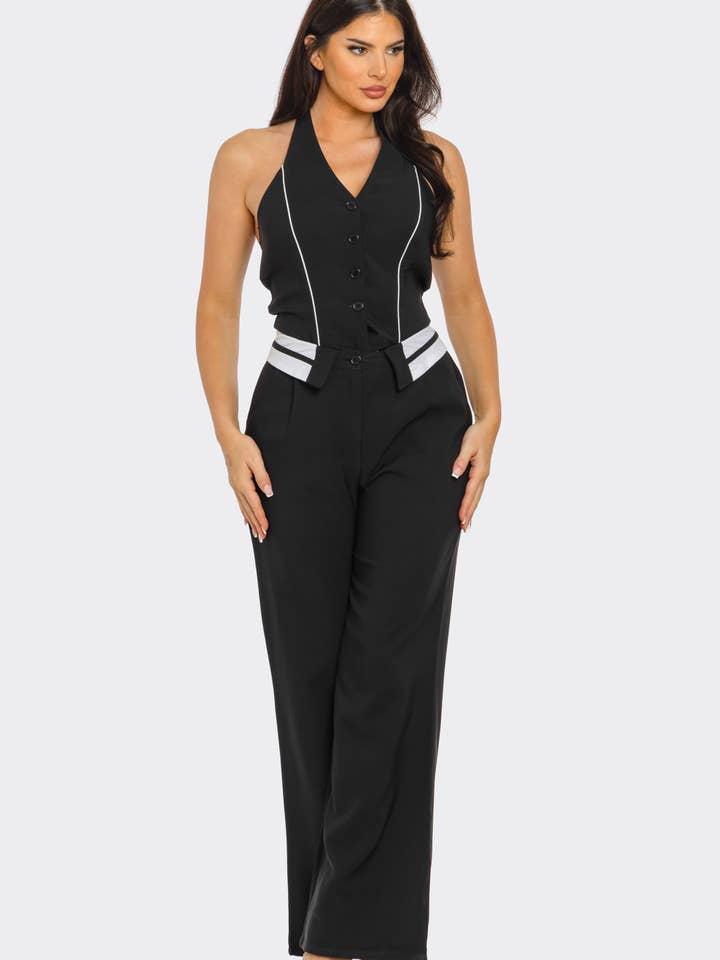 Julia by LoveJ - Venta al por mayor Peto - Mujer - Mono de pierna ancha con chaleco de botones delanteros y cintura fruncida1