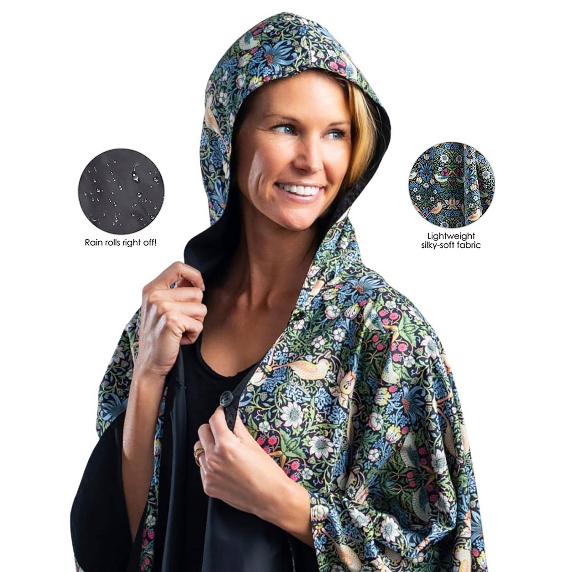 RainCaper - Wholesale Poncho - Women's - William Morris Strawberry Thief & Black Reversible Rain Cape Poncho – Hooded Womens Wrap1