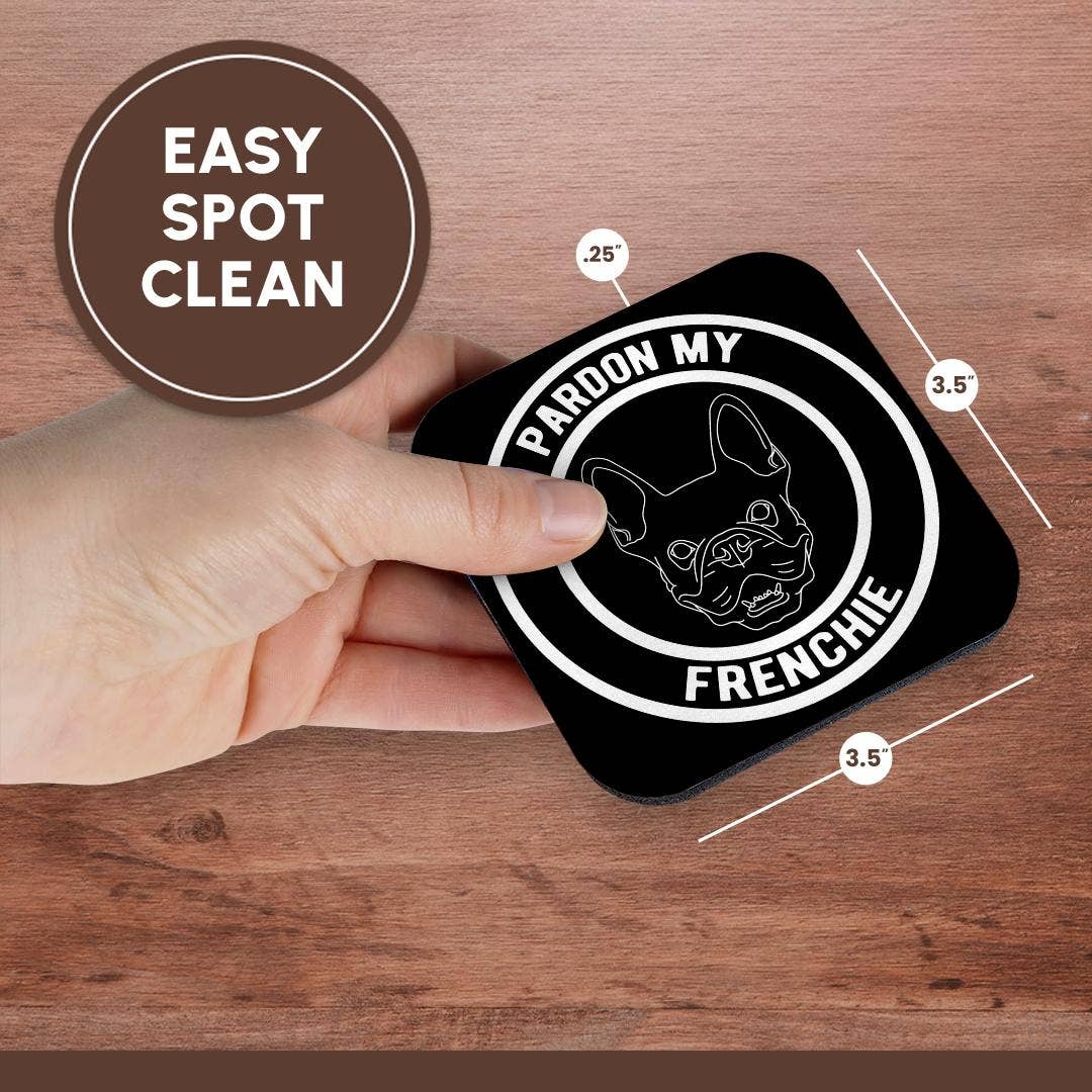 3dRose – Engroshandel Bordskånere – 3dRose, Undskyld min Frenchie i en cirkel med fransk bulldog på sort baggrund, Bordskåner13