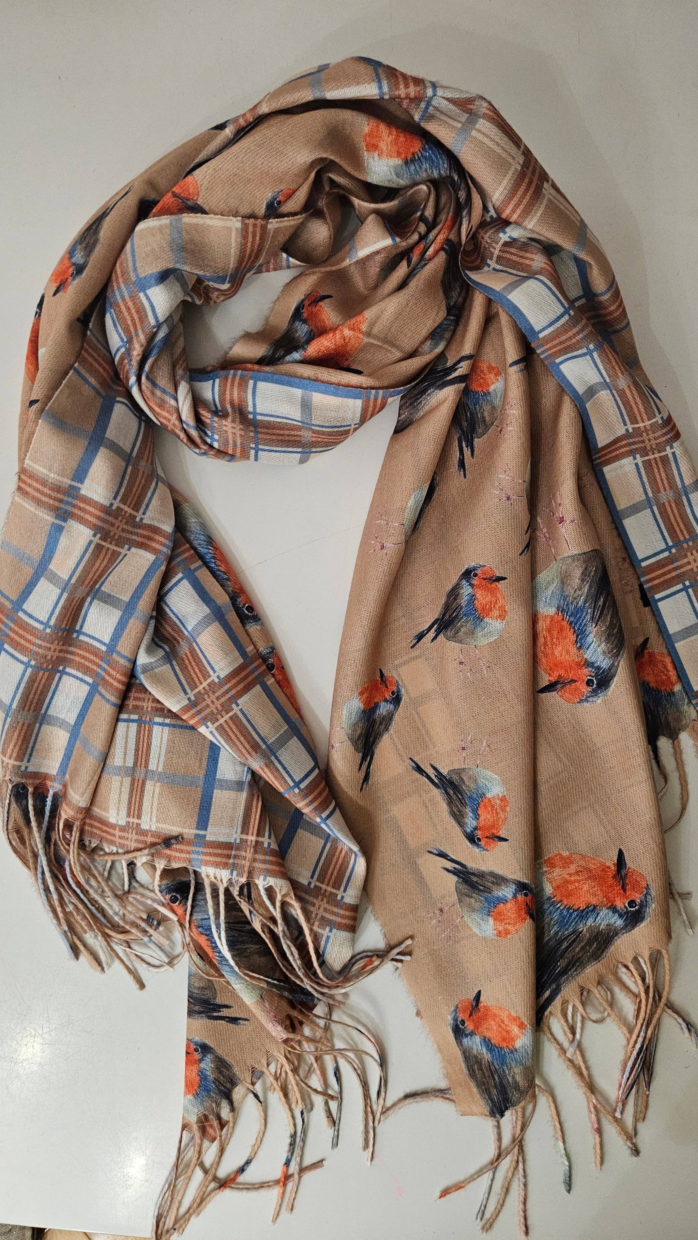 Shimena - Wholesale Scarf - Women's - Double-Sided Robin & Tartan Pashmina3