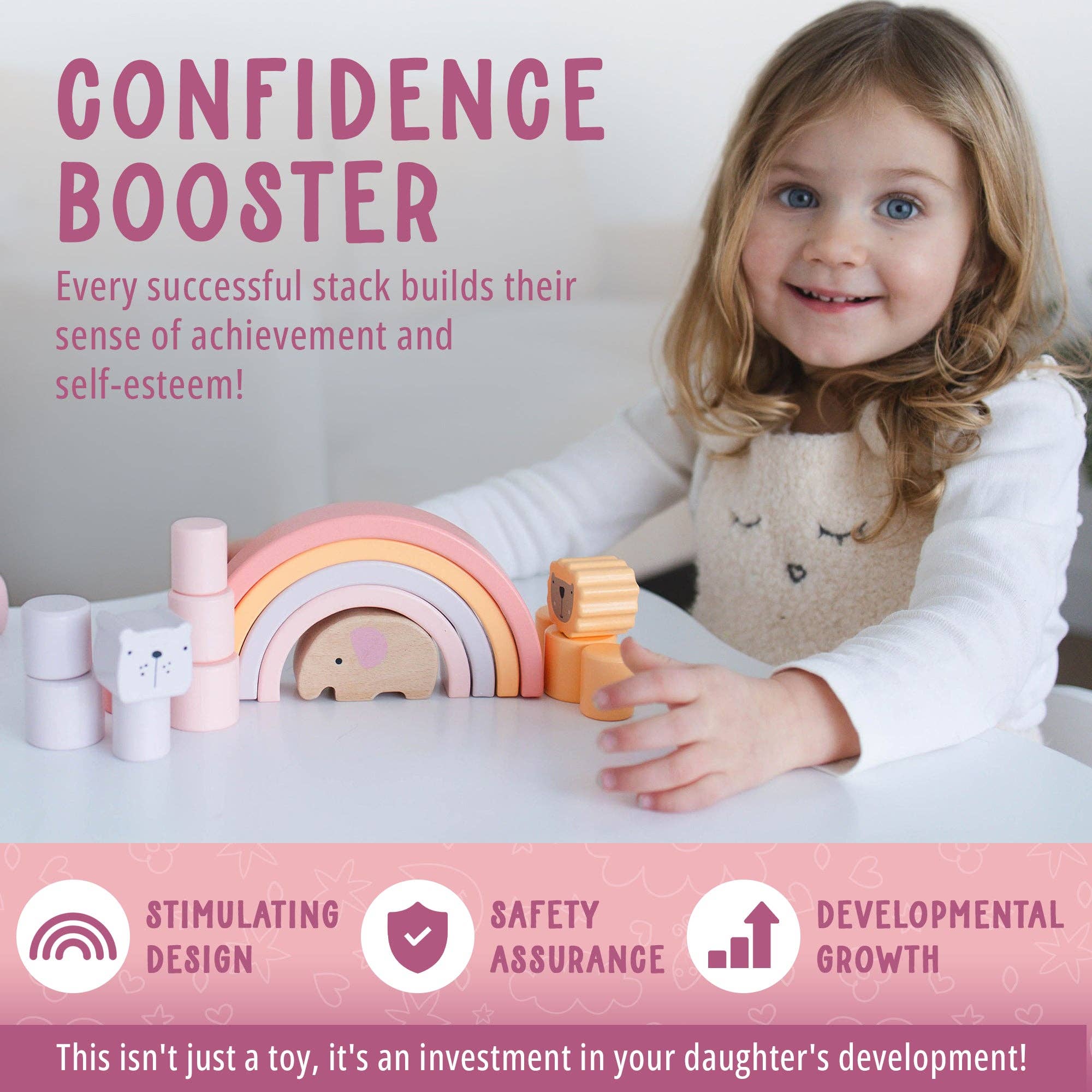 Spirit 'N Sprout - Wholesale Stacking Rings Game - Baby - Pink Animal Stacking Set - 21 Pieces included with Storage Bag - Wooden Rainbow Stacker Gift for Girls8