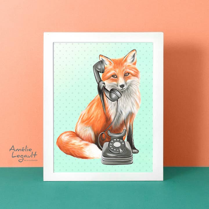 Fox on the Phone Art Print for wholesale by Sardines Studio