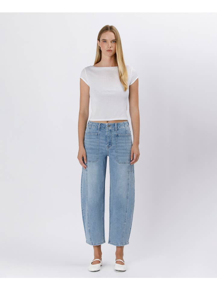 ACCOMPLISHMENTS SUPER HIGH RISE ELASTIC BAND BARREL JEANS F5831 for wholesale on Faire