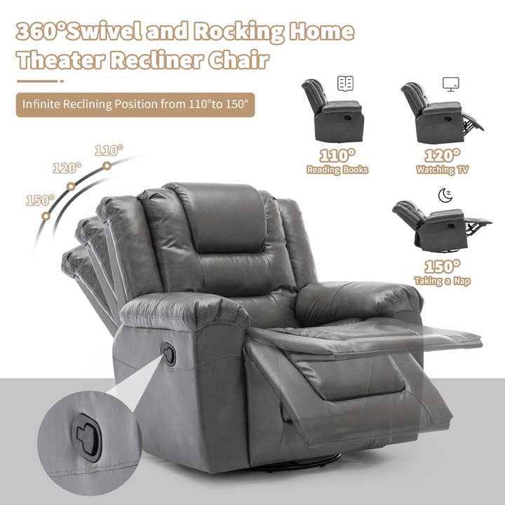 Orange County Decor - Wholesale Chair - 360 Swivel And Rocking Home Theater Recliner Manual Recliner Chair With Wide Armrest For Living Room,Bedroom, Grey Grey Foam Pu10