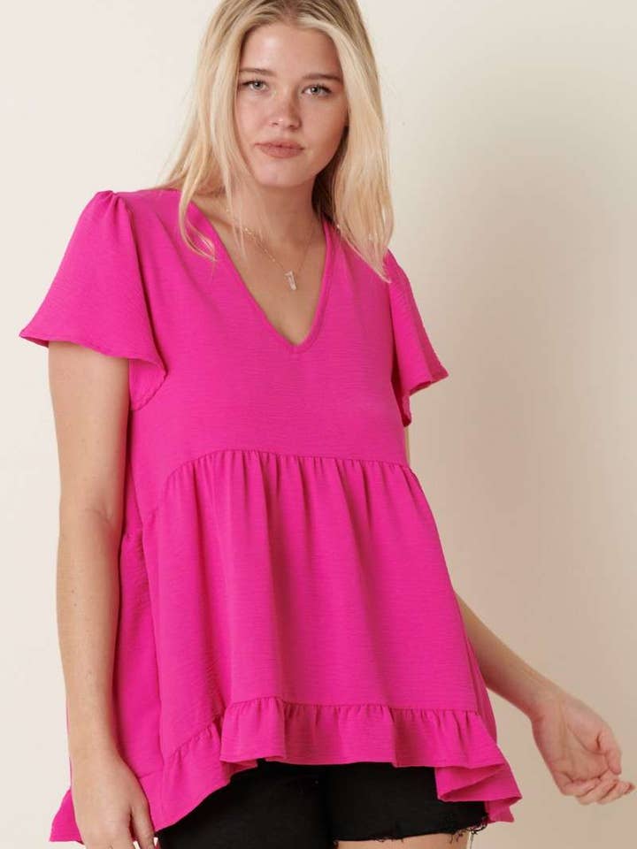 T10092- BLOUSE MET V-HALS EN RUCHES EN KORTE MOUWEN voor wholesale door mittoshop