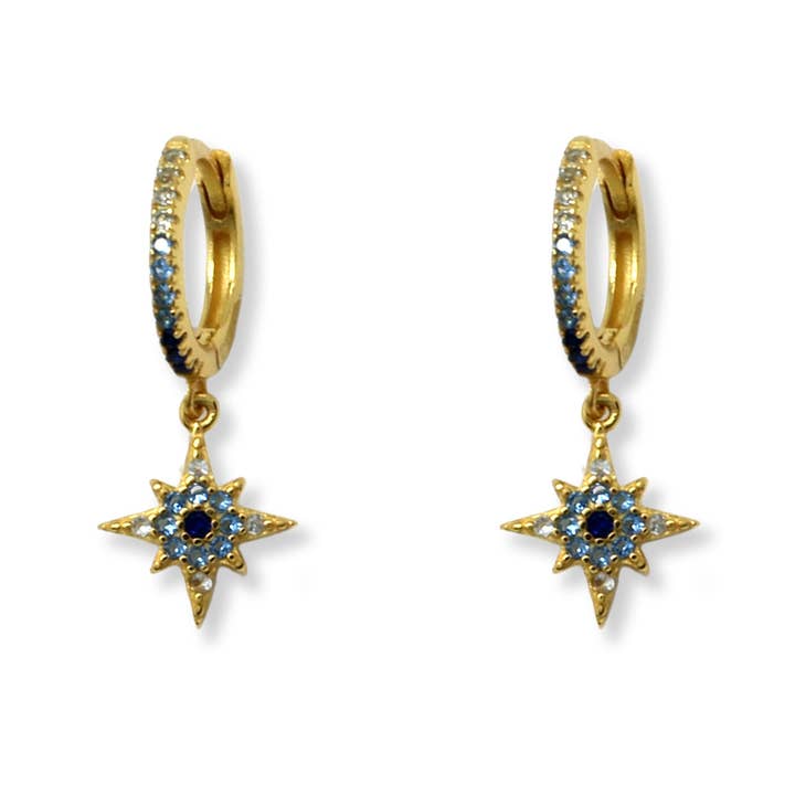 Pendientes de aro en forma de estrella dorada con circonita cúbica azul de Cohan para venta al por mayor de Boho Betty